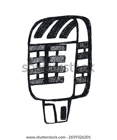 Hand drawn punk rock doodle. Musical microphone. Tattoo crayon sketch, grafitti icon, mic, sticker, scribble for poster, disco party, retro podcast. Grunge music element. Isolated vector illustration.