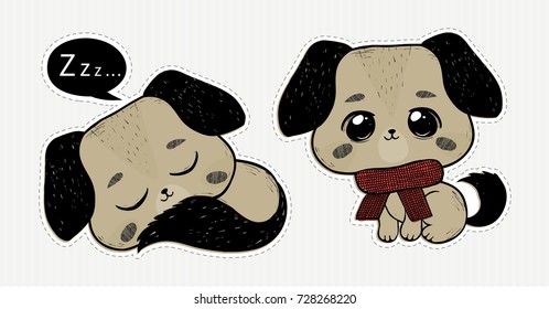 Hand drawn puppy.  Cute dog, pet, animal. Vector charactes.
