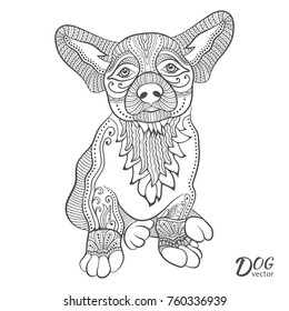 Hand drawn puppy dog, cartoon animal pet for coloring book page, symbol of 2018 Chinese New Year. Freehand sketch drawing. Zen-doodle style art. Black and white graphic illustration