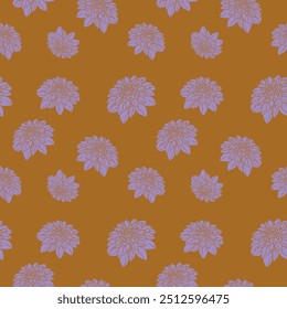 Hand drawn purple blooming flowers on dark orange background, seamless pattern. Botanical floral linocut textured backdrop, vintage retro vibes.