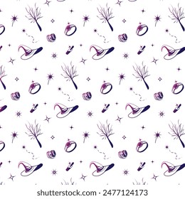 Hand drawn purple blue witch craft pattern design