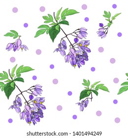 hand drawn purple brazilian nightshade flower and polka dot seamless pattern on white background