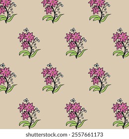 Hand Drawn Purple Floral Pattern Cream Background