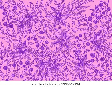 Hand drawn purple flowers and berries tracery on violet background. Floral pattern vector illustration