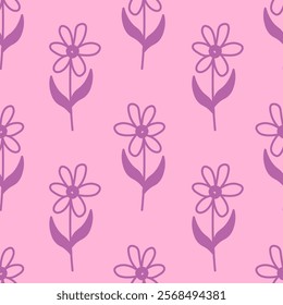 Hand drawn purple flowers and leaves on pink background. Cute floral background. Minimal girlish design with doodle blossom and leaf. Childish repeat vector illustration