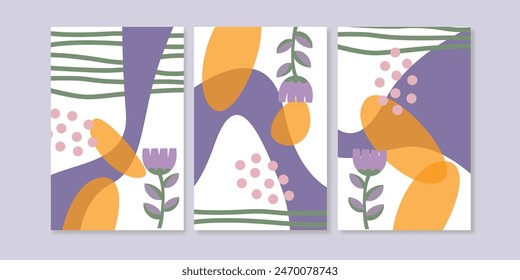 Hand drawn purple flowers and organic shapes wall art collections. Good for wallpaper, wall print, wall decoration.