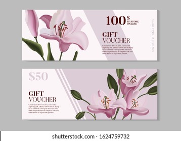 Hand drawn purple lily and  Tropical dark green leaves gift voucher design, branding, invitation  template, advertising graphics in vector. Calla romantic illustration, jungle decoration.