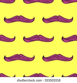 Hand Drawn Purple Mustache Pattern on Flat Yellow Background - Crafted Seamless Doodle Pattern - Vector Illustration