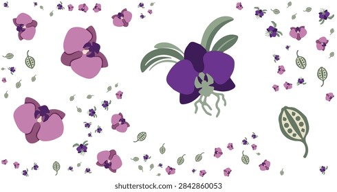 hand drawn purple orchid pattern featuring pink flowers and green leaves arranged on white background ideal for nature projects