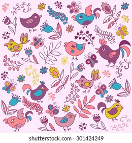 Hand drawn purple, pink, blue and gold birds and butterflies in flowers and leaves on background