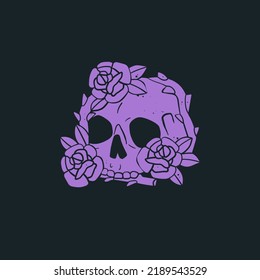 Hand drawn purple Skull with flowers. Trendy isolated colorful Vector illustration. Cartoon, vintage style. Poster, tattoo idea, t-shirt print, sticker, logo design template