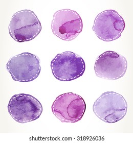 Hand drawn purple watercolor circles with dash outline, isolated over white.