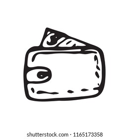 Hand Drawn purse doodle. Sketch dollar icon. Decoration element. Isolated on white background. Flat design. Vector illustration.