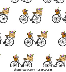 hand drawn push bicycle with flower basket at front and back in seamless pattern on white background