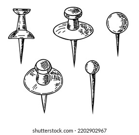 Pines de empuje dibujados a mano, juego de pines de navegación de doodles vectoriales. Puntero de ubicación en el mapa. Icono de vector de ubicación de pista aislado en fondo blanco.