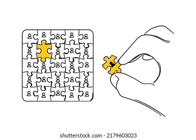 Hand drawn of hand putting last puzzle in the big team. Human resource concept. Vector illustration design