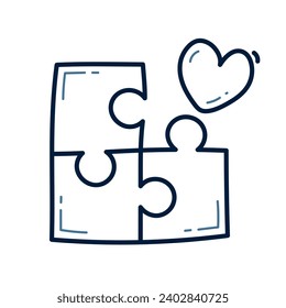 Hand drawn puzzle with heart doodle line illustration. puzzle with heart doodle icon vector.