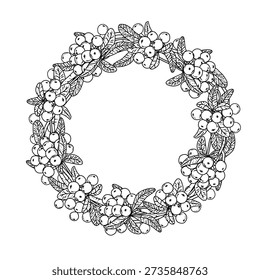 Hand drawn pyracantha wreath vector illustration. Elegant firethorn botanical round frame with berries and leaves. Black and white line art for garden design, floral decor, cards and packaging.