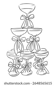 Hand drawn pyramid of champagne glasses decorated with elegant bows in black outline style. Concept of celebration, luxury party, and festive elegant event decoration.