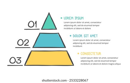 Pirámide dibujada a mano con tres segmentos, infografía doodle, Vector eps10 ilustración