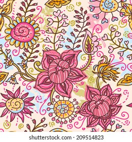 Hand drawn  quaint  floral seamless pattern.  All objects are conveniently grouped on different layers and are easily editable.