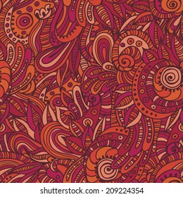 Hand drawn quaint  indian seamless pattern. Festive tribal endless background.  Vector backdrop.   Use for wallpaper,pattern fills, web page background