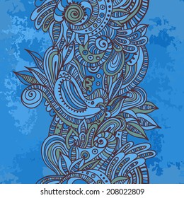 Hand drawn quaint seamless border on watercolor background.  All objects are conveniently grouped on different layers and are easily editable.