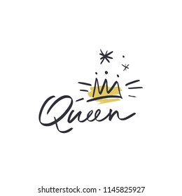 Hand drawn queen concept, inscription, ink handwriting logo. Unique stylish print for posters, cards, mugs, clothes and other. Vector Illustration, clipart. Isolated on white background.