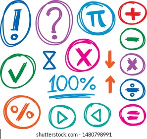 hand drawn question, exclamation, pi number, square root, percent, positive, negative and arrow signs. hand drawn mixed symbols