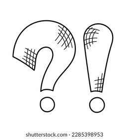Signo de interrogación y signo de exclamación dibujado a mano. Dibujo estilo de línea negra ilustraciones vectoriales aisladas. Emoción, preguntas frecuentes, error, preguntar, consulta, signo de alerta