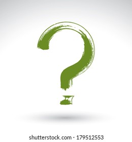 Hand drawn question mark icon, brush drawing query sign, original hand-painted punctuation mark isolated on white background.