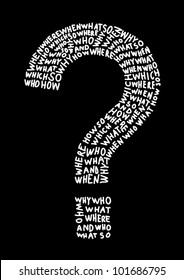Hand drawn question mark made of question words.