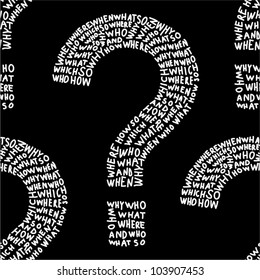 Hand drawn question marks made of question words. Seamless pattern.