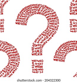 Hand drawn question marks made of question words. Seamless pattern. 