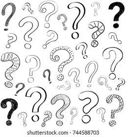 Hand drawn question marks on white background. Vector.