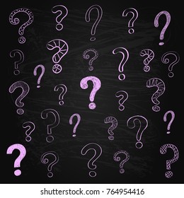 Hand drawn question marks on blackboard. Vector.