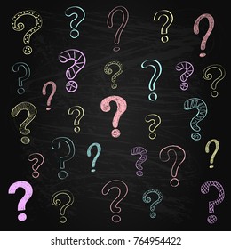 Hand drawn question marks on blackboard. Vector.