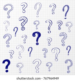 Hand drawn question marks on checked paper - school background. Vector.