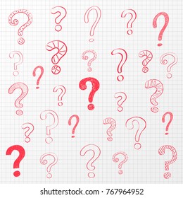 Hand drawn question marks on checked paper - school background. Vector.