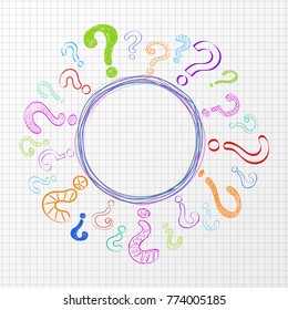 Hand drawn question marks on checked paper - concept of poster. Vector.