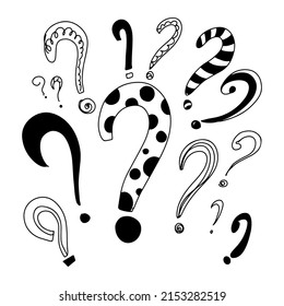Hand drawn question marks set in doodle style. Cartoon Vector illustration