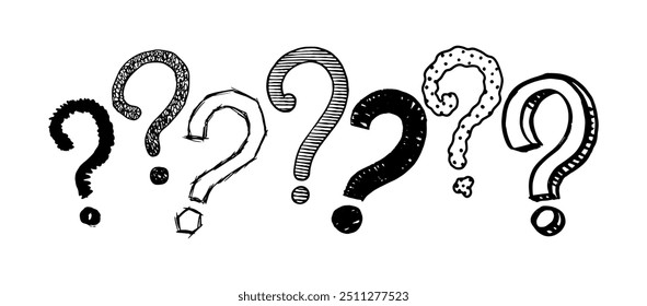 Hand drawn questions marks isolated on white background. Graphic inky punctuation icons. Vector clipart illustration. Line and Ink sketch. Vintage style. 