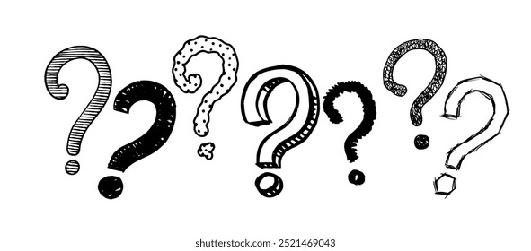 Hand drawn questions marks isolated on white background. Graphic inky punctuation icons. Vector clipart illustration. Line and Ink sketch. Vintage style. 