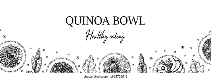 Hand Drawn Quinoa Bowl Horizontal Design. Vector Illustration In Sketch Style.