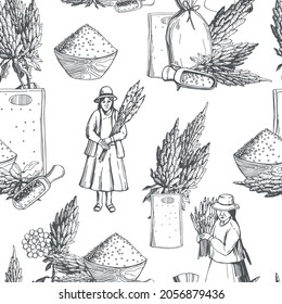 Hand drawn quinoa set. Plants and seeds, peasant women with the harvest. Super food. Vector seamless pattern. 