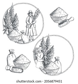 Hand drawn quinoa set.Plants and seeds, peasant women with the harvest. Super food. Vector sketch  illustration.