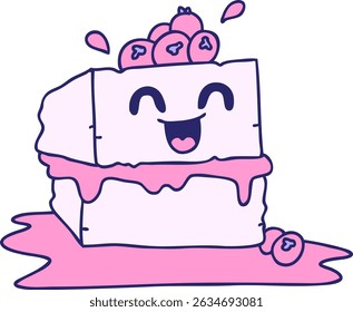 hand drawn quirky cartoon happy cake slice in bright neon colors