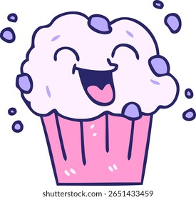hand drawn quirky cartoon happy muffin in bright neon color