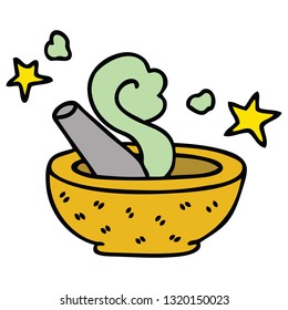 hand drawn quirky cartoon magic pestle and mortar