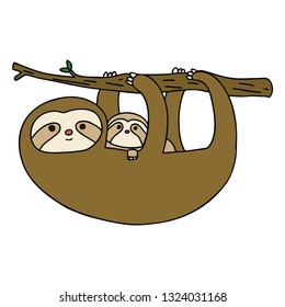 hand drawn quirky cartoon sloth and baby